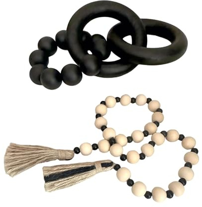 2 pcs Decorative Wood Knot Link Chain and Bead Decor, Black Wooden Knot Decor for Coffee Table Farmhouse Decortive for Home Boho Modern Shelf Decortion(Black)