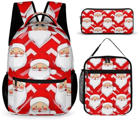 peiyeety Conjunto de mochila con lonchera y neceser de maquillaje, ideal para viajes (Papá Noel navideño rojo (1))