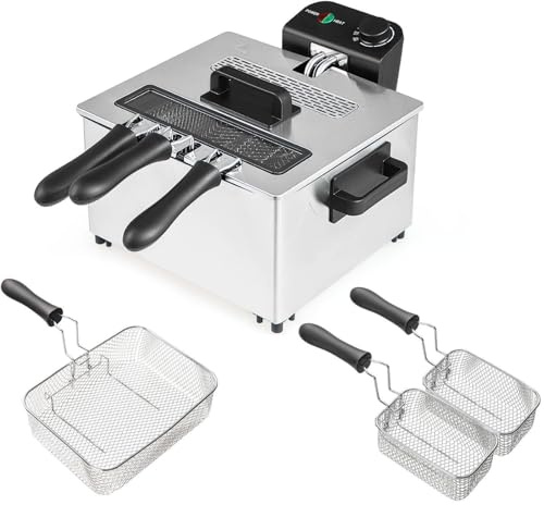TANGZON 5L Deep Fat Fryer, Easy Clean Stainless Steel Fryers with Adjustable Temperature, Viewing Window, 3 Removable Baskets & Non-Slip Feet, Electric Fryer for Chicken Shrimp Chips Fish