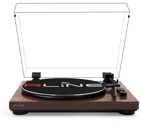 RLINE - Platine Vinyle Bluetooth Noyer Brillant, Lecteur Vinyle 33 et 45 Tours, Plat 12 avec Bord chromé, Pieds Anti-vibreur, Cartouche magnétique AT3600, pré-amplificateur activable