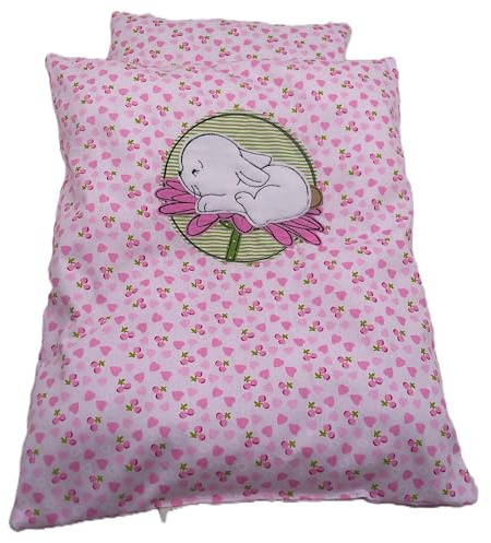 Puppenbettwäsche rosa Herzchen-Design, 4 Variaten, für Puppenwagen,-bett oder Puppenbuggy (Hase auf Blume)