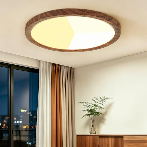 Kambo LED Plafón Efecto Madera 24W, Ø30cm Lámpara de Techo Redonda | 3000K/4000K/6000K para Salón Cocina Dormitorio Pasillo, Color Nogal