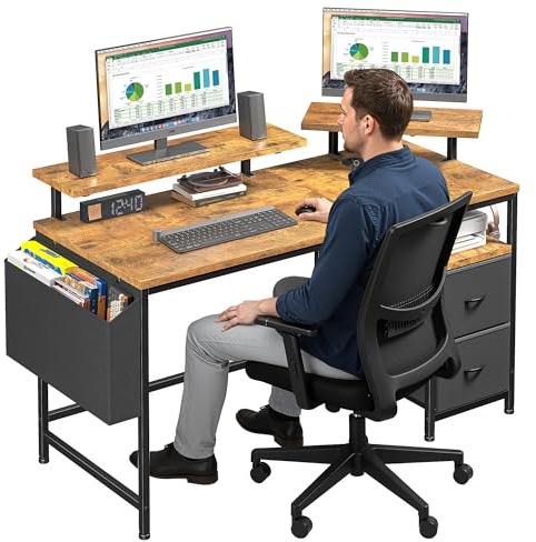 Cliporix Small Computer Desk with Drawers – 100x75 cm Reversible Home Office Desk, Dual Monitor Stand & Fabric Storage Drawers & Hooks, Modern Rustic Brown Gaming Desk for Corner Compact Apartment