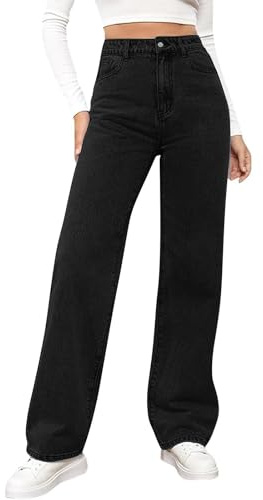 HOT1950s Wide Leg Trousers for Women UK High Waist Elasticated Waist Stretchy Tummy Straight Leg Jeans Pull on Bottom Jeggings with Pockets Oversized Full Length Trousers Black