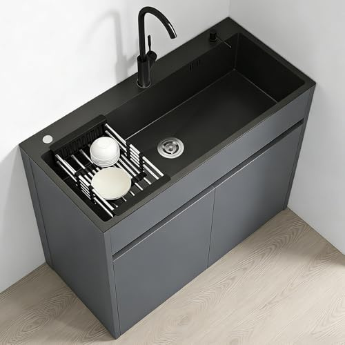 Lavabo Indipendente in Acciaio Inox con Rubinetto Estensibile e Tubi Dell'acqua Calda e Fredda, Regolabile in Altezza Lavello da Cucina con Armadio Contenitore e Scolapiatti per Esterni, Interni