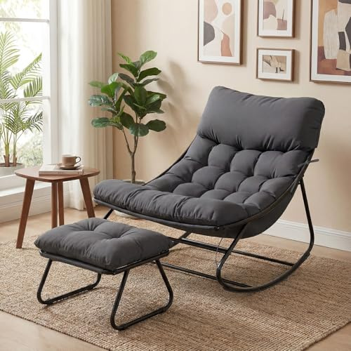 Aoxun Outdoor Rocking Chair with Ottoman for Adults, Rocking Lounger Weatherproof Metal Relaxing Chair Maximum Load 160 kg for Garden, Patio and Balcony