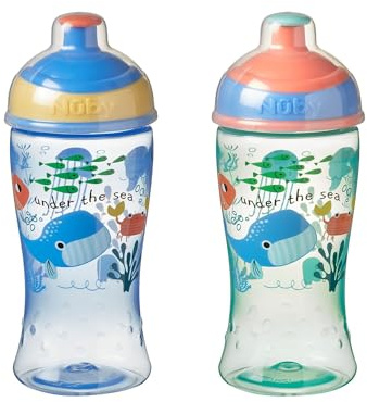 Nuby Super Slurp Free-Flow Water Bottle, 2-Pack, 360ml, 18M+, Under the Sea | Spill Proof Free-Flow Active Toddler Sippy Cup, Dishwasher & Microwave Safe, Retractable Hard Spout for Easy Transition