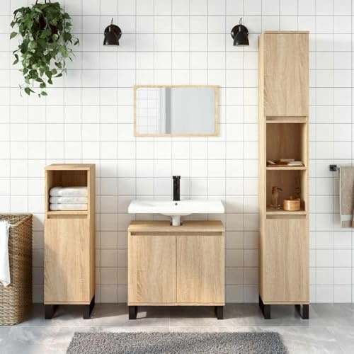 SooIarix Badskåp Sonoma-ek 58 x 33 x 60 cm, trämaterial, med dörrar, robusta badrumsmöbler för ordning i badrummet, fuktbeständigt