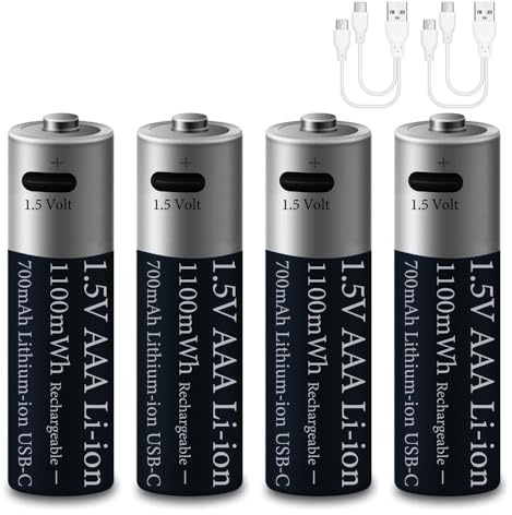 4 Pezzi 1,5V AAA 1100mWh Litio Batteria Ricaricabile, 1,5Volt Tripla A Lithium 700mAh Batterie per Telecomando/Controller/Radio, 2 in 1 USB-C Ricarica Cavo, 2 Ore Ricarica Rapida, 1200 Cicli