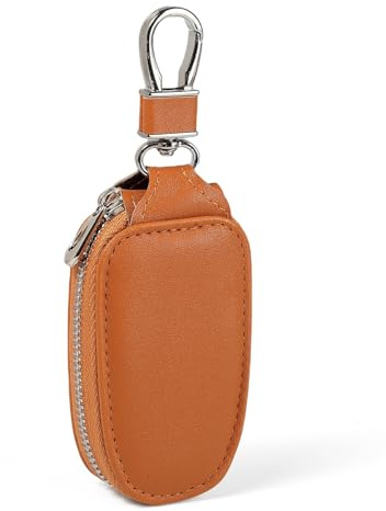 KAHZOR 1 Pieza Organizador de Llaves de Coche Universal, Estuche de Piel con Cremallera y Gancho Metálico para Protección Antiarañazos y Antigolpes, para Hombre y Mujer, Marrón Claro