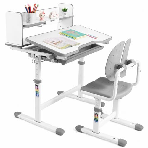 JOYLDIAS Kinderschreibtisch mit Stuhl höhenverstellbar, Kinder Schreibtisch Set mit Bücherregal, geteilter Rückenlehne, neigbarer Tischplatte 0–40°, Schublade und Haken, Grau