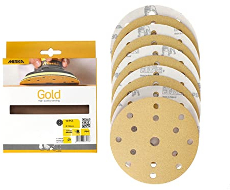 Mirka Schleifscheiben Gold Klett 150mm Korn P80 10 Stück | Ideal für Gips Spachtel Spanplatten Holz Lack Hochwertiges Klettsystem 15-Loch für Staubabsaugung