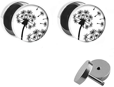 Treuheld | Ohrringe Pusteblume/Ohrstecker Löwenzahn | Set/Paar | Weiß | Chirurgenstahl | 10mm Fake Plugs für Damen, Herren, Kinder