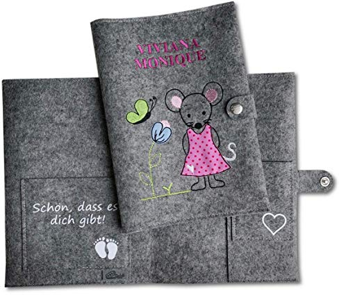 u heft hülle und impfpass Süßes Mäuschen personalisiert mit Namen und Geburtsdatum des Kindes mit extra Fächer und Lasche mit Druckknopf aus 100% Wollfilz - grau meliert