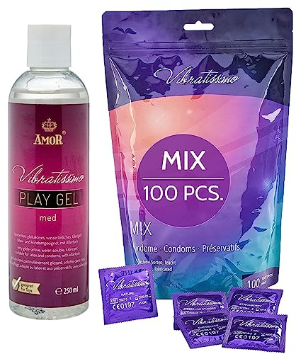 VIBRATISSIMO Kondome Mix 100er Pack gemischt & Gleitgel Set I gefühlsecht & extra feucht I Beutel dünne Wandstärke & Aromatisiert I hauchzart genoppt & gerippt