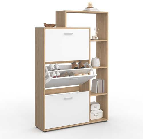 IDMarket KLARK - Zapatero, imitación de haya, 3 puertas blancas, con estante