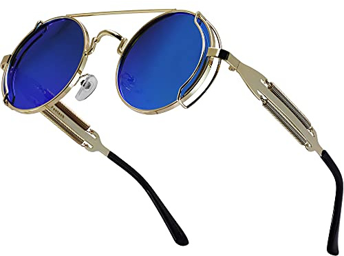 XFentech Polarizadas Gafas de Sol - Gafas de Sol Hombre y Mujer Retro Vintage Círculo Metálico Steampunk Gafas de Sol, B1 Marco Dorado - Lentes Azule