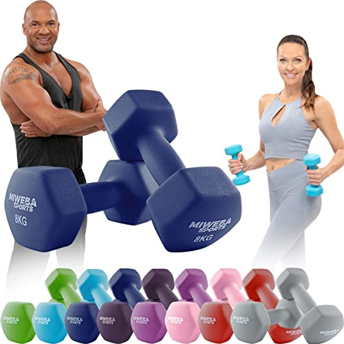 Miweba Sports Neopren Hantelset | 𝐏𝐫𝐨𝐟𝐢 Hantel - Hexagon Hanteln Set - Kurzhanteln - Kurzhantel Set - Gymnastikhanteln - Hantel Set - Dumbbell - 0,5-10 Kg (2X 8.0 kg, Königsblau)