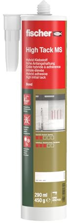 fischer High Tack MS Powerkleber flexibel, kraftvoller Klebstoff mit hoher Anfangshaftung, geruchsarmer Powerkleber ohne zusätzliche Fixierung, geeignet für geschlossene Räume, 290 ml, weiß