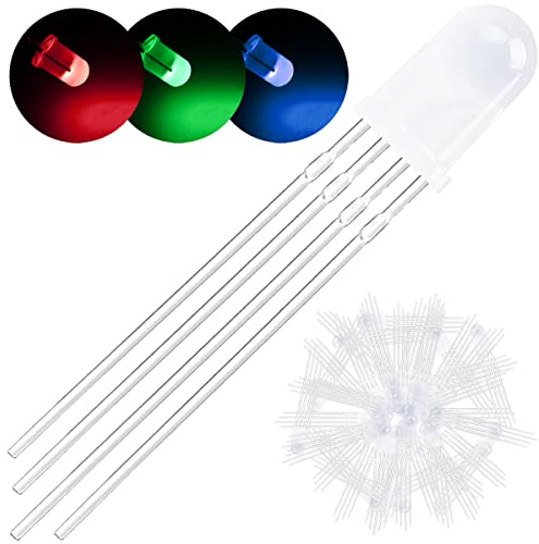 DAOKAI 100Pack 5mm LED Light Emitting Diode Common Anode DC 3V 20mA RGB Tri-Color(Red/Green/Blue) 4Pin Frosted Diffused Round LED Buld Lamps Electronics Components for Arduino