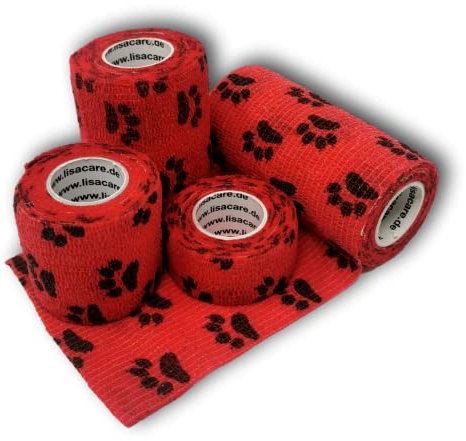 LisaCare benda di fissaggio autoadesiva - benda per bendaggio - benda adesiva 10 cm - medicazione rapida impermeabile - benda per zampa di cane set di 4 2,5-10cm di larghezza (zampa rossa)