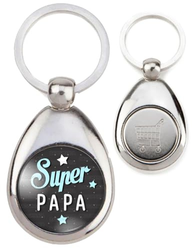 BADGMANIA | Porte Clés Métal Jeton de Caddie | Super Papa - Fond Gris Foncé Etoiles - Idée Cadeau Fêtes des Peres Anniversaire