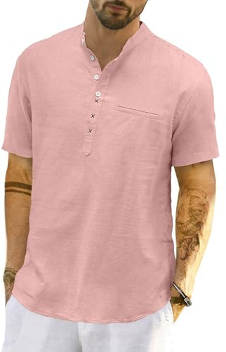LVCBL Hommes Casual Coton Lin Manches Courtes Henley Chemise Été Léger Col Banded Haut Plage Hauts
