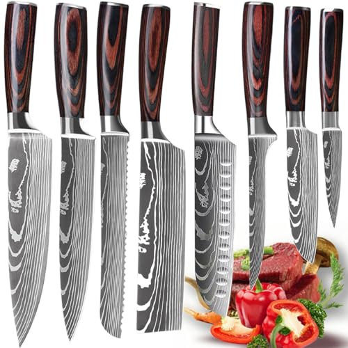 JOHOOBO 8 Stücke Kochmesser Universalmesser Küchenmesser Scharfe aus Deutschem Edelstahl, Ergonomischer Pakkawood Grifen für Haus und Restaurant (8 Stücke Set)
