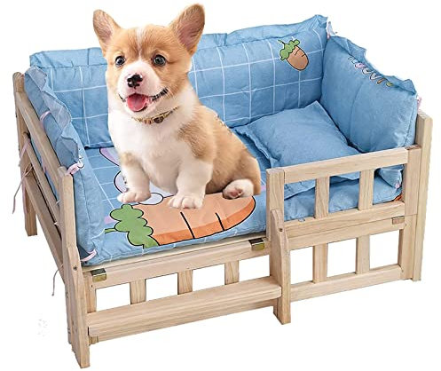 TsoLay Hundebett Erhöhtes Hundebett aus Holz mit Bettwäsche und Geländer, Haustiersofa, abnehmbares Hunde- und Katzenbett mit Matratze und Zaun für große/mittlere Haustiere für Hunde, Haustier, Katze