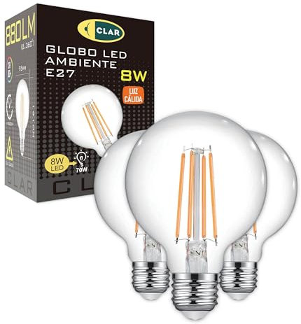 CLAR - Lampadina a globo LED E27 filamento vintage, grande, 8 W (confezione da 3)