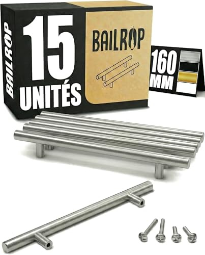 BAILROP Maniglie per Mobili da Cucina 160MM (15 pezzi) - Maniglie Cucina Inox - Ricambi e Maniglie per Mobili da Cucina Argentate