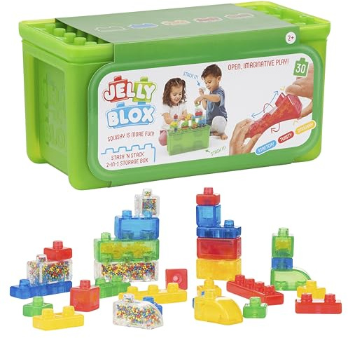 Jelly Blox Stash 'N Stack 2-in-1 Storage Case with 30 Blocks | Toddler & Preschool Building Blocks Kids Can Squeeze & Stretch | MESH ACCREDITED | Safety Tested & Ouch-Free | Sensory Play Toy Ages 2+