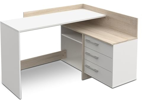 habeig Eck-Schreibtisch, Schreibtisch, Sonoma Eiche, weiß, Computertisch, Eckschreibtisch, PC-Tisch, Modern, 129x106x83cm (LxTxB) #881