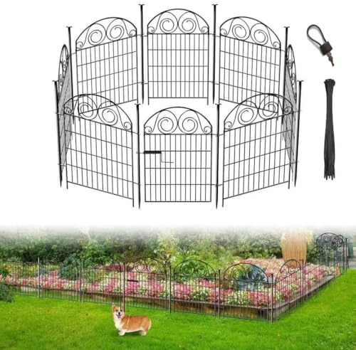 Getlay Tall Garden Fence Animal Barrier with Gate, 8 Panels, 32 in(H) x 27 in(W), Gray Metal, Modern and Functional, Outdoor Fence Panels