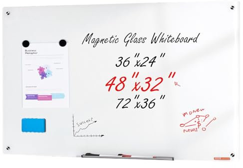 VEVOR Tableau Blanc Magnétique Effaçable à Sec en Verre 120 x 80 cm, Grand Tableau Mémo Mural sans Cadre, avec Plateau de Marqueurs, un Effaceur et 3 Marqueurs, pour Bureau École Restaurant Domicile