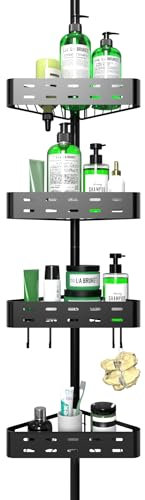 Cooeco 4-Tier Telescopic Shower Caddy, Adjustable Corner Storage Organizer No Drill, Rustproof Shelf with Hooks for Bathroom, Height Adjustable 63.5-290 cm