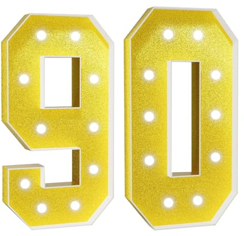 Large Led Light Up Number,Cold White LED Lights Marquee Decoration Light Up Sign For Party Wedding Festival Birthday Decor(Gold Number 90,4FT)
