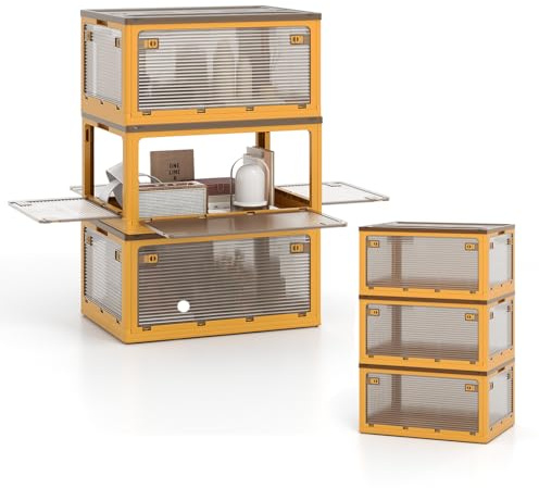 KOMFOTTEU Aufbewahrungsbox mit 3 Ebenen mit Deckel, Stapelboxen 292L mit Rollen, Ordnungsbox faltbar & stapelbar, Kunststoffbox Schuhboxen, 66,5 x 46,5 x 111,5 cm (Gelb)