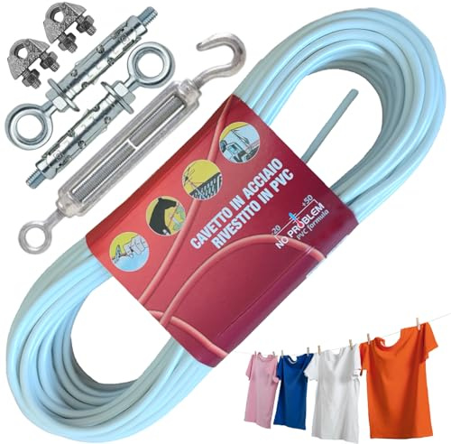 parpyon® Filo per stendere il bucato da esterno d.4,5mm Resistente filo stendibiancheria per esterno Made in Italy Cavetto in Acciaio rivestito (Filo+Kit a Muro, 10MT)