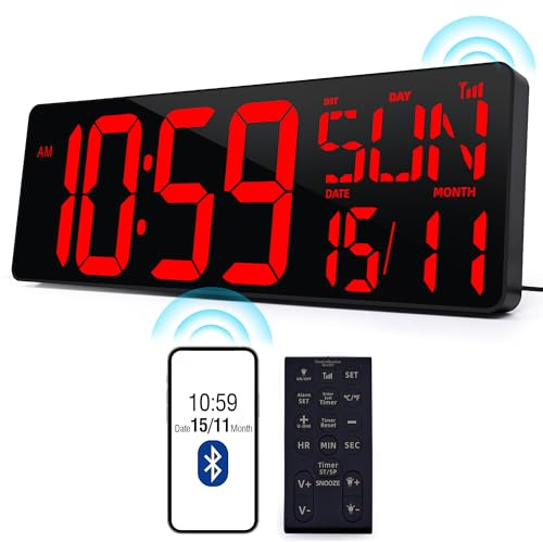 Large Digital Wall Clock with Remote Control 17.2 LED Large Display Timer with Temperature Date Week Auto DST Adjustable Brightness, Big Wall Alarm Clock for Office (080Red with Bluetooth Function)