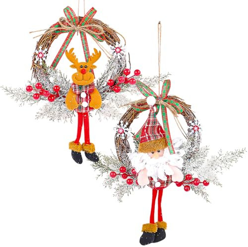 Golgner 2 pcs ghirlanda natalizia Ø 20 cm, ghirlanda natalizia intrecciata, ghirlanda natalizia per porta, Babbo Natale, ghirlanda natalizia alce, per parete, porta d'ingresso, finestra, camino