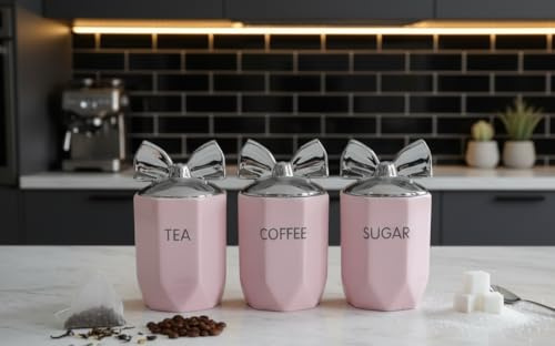 DEENZ Set Of 3 Jars Silver Bow Lid Kitchen Canister Jar For Tea Coffee Sugar Storage Pots Marble Effect Home Decor Dining Table Eye-Catching Glamorous Design (Blush)
