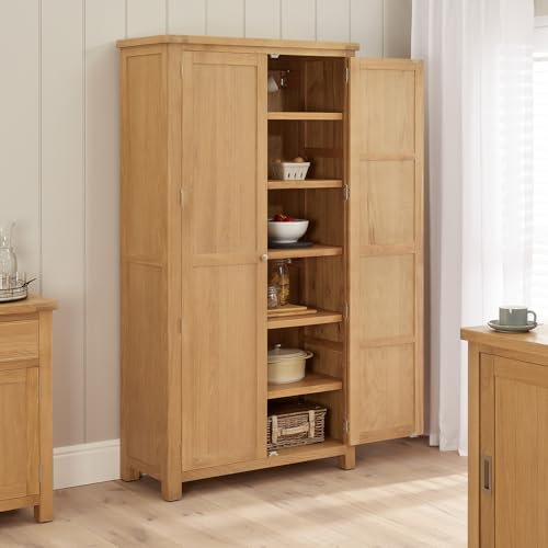 The Furniture Market | Marbury Oak | 2 Door Double Shaker Kitchen Larder Pantry Cupboard | Wide Storage Unit | Adjustable Shelves & Hooks | Fully Assembled | H 1900 x W 1000 x D 450mm