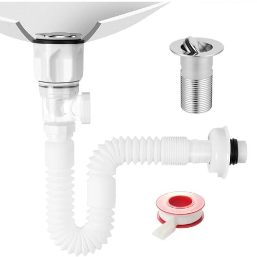 Sifón lavabo de calidad con toma frontal y lateral, Desague lavabo adaptable ideal para espacios reducidos, Sifón lavabo flexible incluye cinta de teflón, Sifon baño universal, 230-800 mm