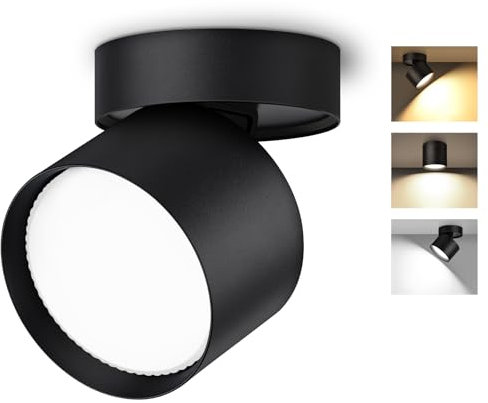 GeyouLux Faretto da soffitto LED Orientabili, 7W 800LM Faretti LED Soffitto Interno 350°+90°, Alluminio, Con Lampadina LED GX53 Incluso, 3000K/4500K/6500K Faretto LED Interno Nero 1 Pezzo