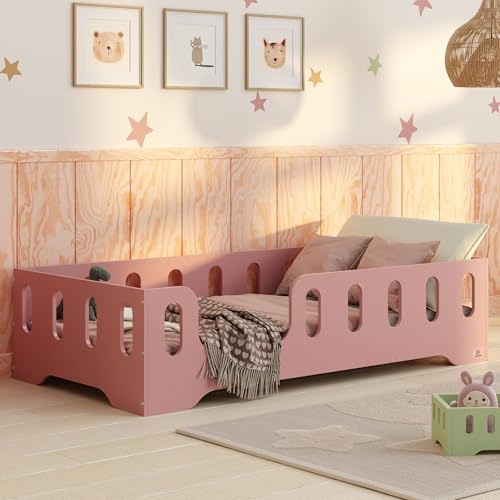 smartwood Bodenbett 70x140 cm mit Rausfallschutz, Holz, Rosa, TILA 2L | Montessori Kinderbett, Lattenrost belastbar bis 230 kg, FSC-Zertifikat, abgerundete Kanten, Einfache Montage, ab 3 Jahren