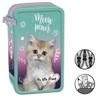 Goldkids - Federmäppchen 3 Fächer - Mäppchen für Mädchen und Jungen - Federmappe 3-Fach Federtasche 44-teilig Gefüllte Schüleretui Schulmäppchen- Katze Motiv