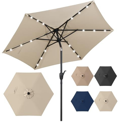 COSTWAY Parasol de Jardin Extérieur Ø 230 CM, Parasol Inclinable Lumineux Solaire, Bouton-Poussoir, Manivelle, Toit Ventilé, Cadre en Métal, pour Balcon Jardin Terrasse (Beige)