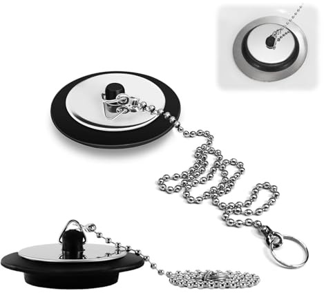 2 Pcs Universal Sink Plug, Rubber Drain Stopper with Stainless Steel Chain, Kitchen & Bathroom Sink Plug Replacement, Fits 1.65in to 1.77in Drain Holes, 2 Pack Black Plugs