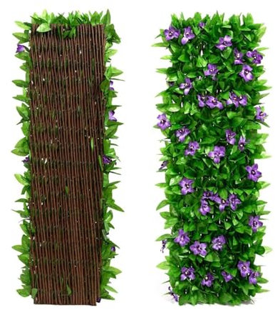 Pantalla de valla de hiedra artificial, máximo 200 x 40 cm, paneles de enrejado de jardín expandibles, pantalla de privacidad para jardín con flor, decoración de fondo de hojas verdes (1 unidad)
